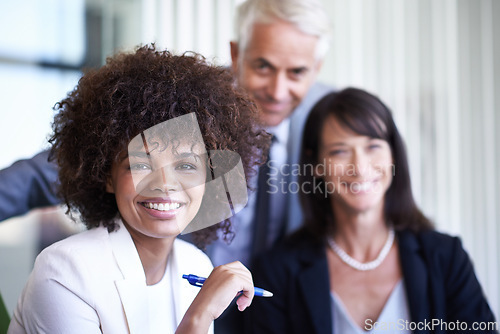 Image of Business people, woman and happy in meeting with portrait for teamwork, corporate planning and diversity in office. Professional, employees and face with smile in conference room for collaboration