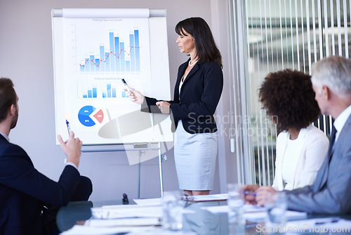 Image of Business people, woman and presentation or teamwork on infographics with white board, financial statistics and sales. Meeting, employees and speaker with data analytics, graph report and revenue plan