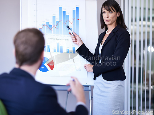 Image of Business people, speaker and presentation or conference on infographics with white board, financial statistics and sales. Meeting, employees or woman with data analytics, graph report or revenue plan