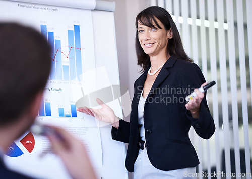 Image of Business people, woman and presentation or happiness for infographics with white board, financial statistics and sales. Meeting, employees or speaker with data analytics, graph report or revenue plan