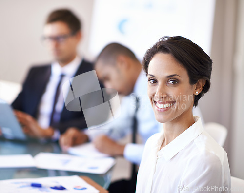 Image of Meeting, portrait and woman in office with smile, confidence and opportunity at b2b workshop with stats. Teamwork, collaboration and happy face of businesswoman in conference room for business plan