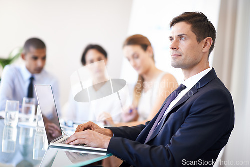 Image of Businessman, thinking and office with laptop, corporate environment with online technology. Consultant, idea for teamwork collaboration, partnership and web search for administrator and employees