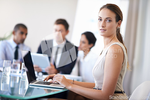 Image of Businesswoman, thinking and office with laptop, corporate environment with online technology. Consultant, idea for teamwork collaboration, partnership and web search for administrator and employees