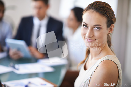 Image of Meeting, portrait and businesswoman in office with smile, confidence and opportunity at b2b workshop with stats. Teamwork, collaboration and happy face of woman in conference room for business plan