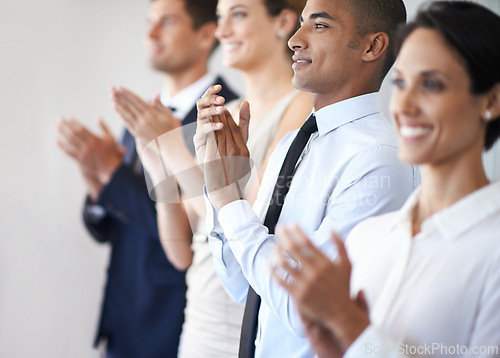 Image of Diversity, coworker and clapping in office, professional celebration for presentation. Success, standing and applause with corporate businesspeople, team victory for winning in work environment