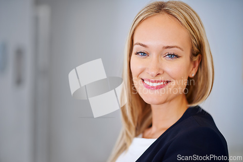 Image of Professional, portrait and closeup of business woman in office, workspace or confident for corporate career with mockup space. Female person, employee or legal worker as lawyer, attorney or solicitor