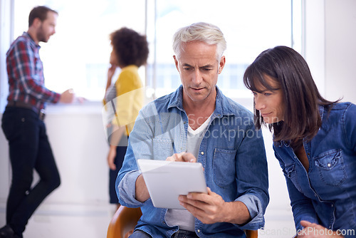 Image of People, casual and network with tablet to search internet for online website or browsing social media, diversity and innovation. Female colleagues, tech and together for digital planning or designs.