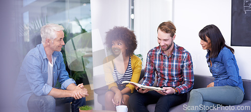 Image of Happy team, business people and meeting with manager for discussion, collaboration and planning in creative startup. Group, diverse designers and conversation for brainstorming strategy together