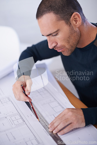 Image of Man, architect and floor plan or drawing building as blueprint design with ruler for planning, drafting or engineering. Male person, pencil and project with renovation paper, illustration or scale