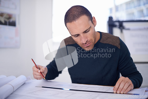 Image of Man, architect and floor plan or drawing contractor as blueprint design with ruler for planning, drafting or engineering. Male person, pencil and project with renovation paper, illustration or scale