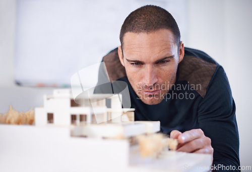 Image of Man, architecture and model building or planning house renovation or 3d designer, floor plan or civil engineering. Male person, home and construction contractor or project, development or property