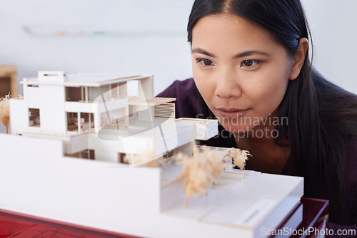 Image of Woman, architecture and model or construction building as engineer design or project planning, renovation or house. Asian person, property and 3d infrastructure or apartment, floor plan or developer