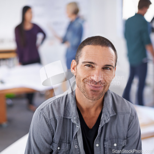 Image of Building, smile and portrait of architect man in office for creative, design or project management. Architecture, construction and development with face of mature designer in professional workplace