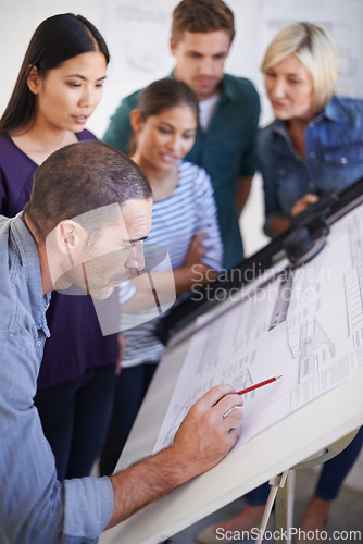Image of Architecture, teamwork and floor plan drawing for model construction as 3d design, blueprint or collaboration. Men, woman and project contractor for building development, sketching or engineering