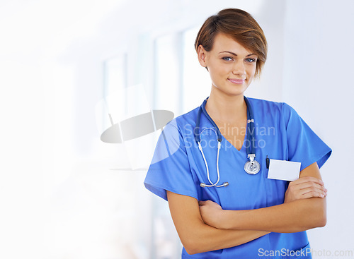 Image of Pride, arms crossed and portrait of nurse in healthcare for clinic, support and life insurance. Scrubs, stethoscope and woman with smile for confidence, medical service and wellness at hospital