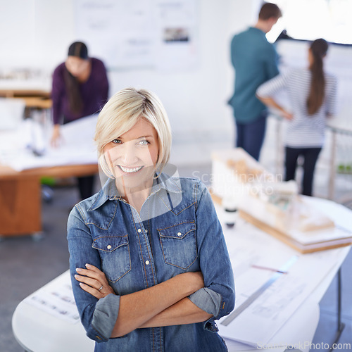 Image of Portrait, smile and arms crossed with architect woman in office for building, construction or planning. Architecture, design and industry with happy professional in workplace for civil engineering