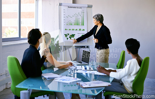 Image of Business people, meeting and data analysis on board for discussion, market research with stats and info for review. Analytics, numbers for growth in company and graphs with charts in boardroom