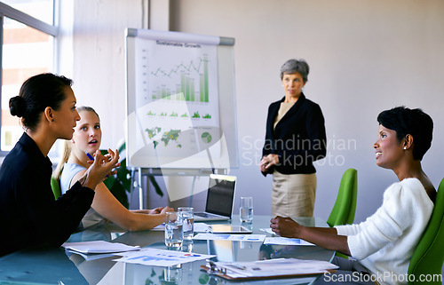 Image of Business people, meeting and data analytics on board for discussion, market research with stats and info for review. Analysis, numbers for growth in company and graphs with charts in boardroom