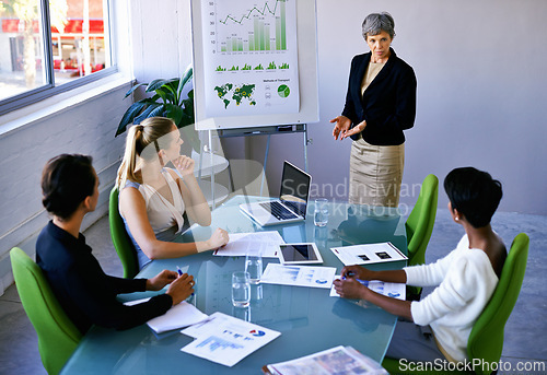 Image of Business people, meeting and boardroom presentation with graphs teamwork for financial analytics, charts or training. Women, man and paperwork in conference room or company report, review or strategy