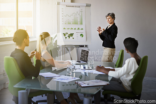 Image of Business people, meeting and data analysis presentation, market research on board with stats and info for review. Analytics, paperwork and numbers for growth in company, graph and charts in boardroom