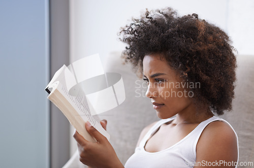 Image of Woman, bed and reading book relax in home for holiday activity or relaxing vacation in morning, day off or weekend. Female person, bedding and Sunday resting in apartment for hobby, calm or peace