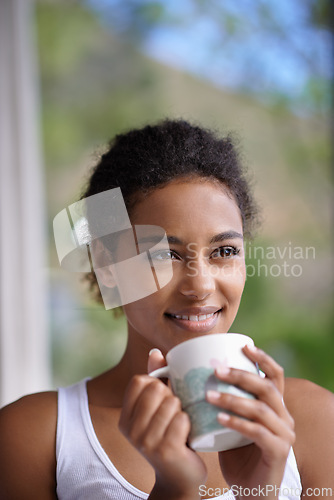 Image of Coffee, thinking and woman at home with peace, reflection or enjoying a calm moment. Face, remember and female person on a house terrace with tea, idea or happy, memory or insight with view of nature