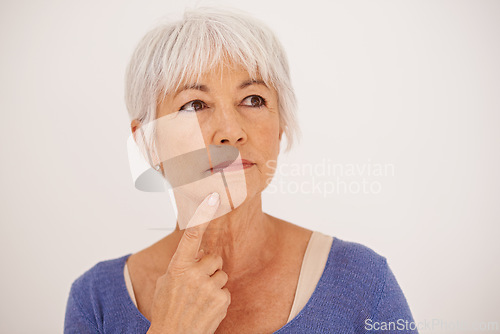 Image of Thinking, idea and face of elderly woman with closeup, confidence and vision for retirement isolated on white background. Mature lady, female person and contemplating for relax, holiday and pension