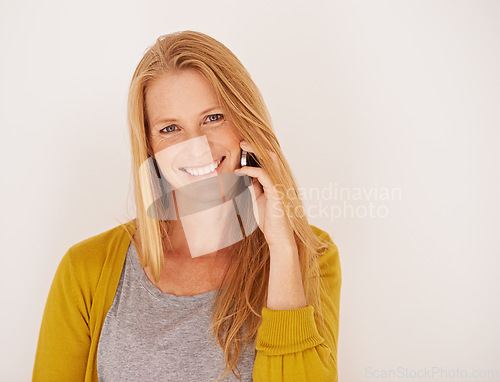 Image of Portrait, woman and phone call for contact, communication and talking with smile isolated on white background. Happy, female person and smartphone for connectivity, discussion and in studio