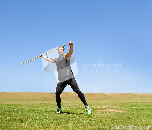 Image of Man, workout and javelin throw or sport competition on grass for athlete fitness or outdoor, strength or training. Male person, challenge and target strong or exercise performance, aim or wellness