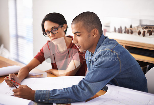 Image of Architecture, man and woman in consultation with blueprint, paperwork or ideas for building project. Civil engineering, development and teamwork for creative business people in design office together