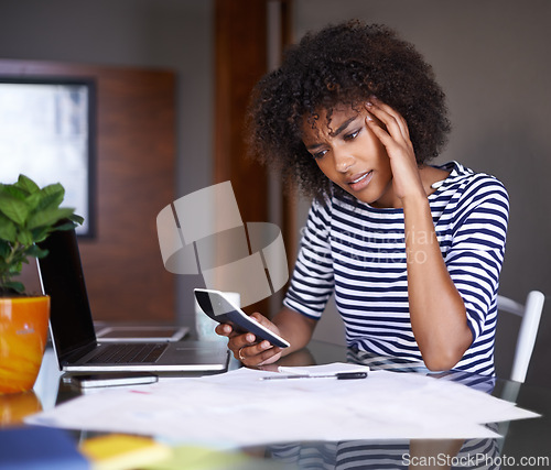 Image of Woman, finance and thinking of stress at home, table with documents for tax and calculating debt. African female person, debit bill for online payment report, budget or planning for accounting audit