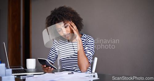 Image of Woman, finance and thinking of stress at home, table with documents for tax and calculating debt. African female person, bills and vision of online payment report, budget and planning with worry