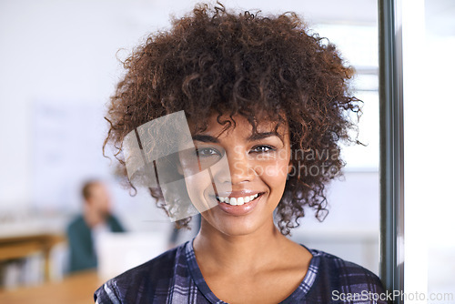 Image of Portrait, closeup and woman in office, workspace and employee for creative career with confidence and smile. Female person, happy worker and intern for newspaper, artistic job and magazine company