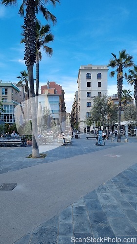 Image of BARCELONA, SPAIN - APRILL 2, 2024: City street with palm trees and buildings