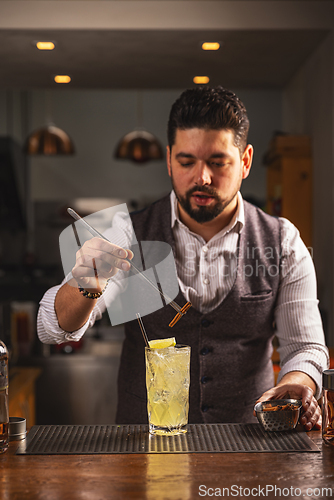 Image of Expert bartender garnishing a cocktail at bar