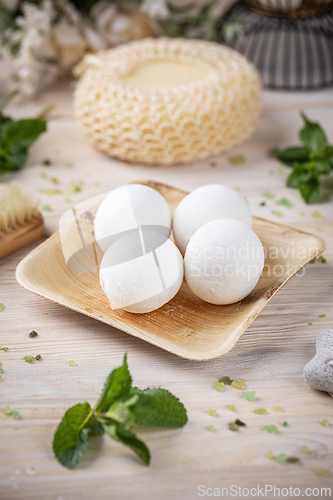 Image of Fresh bath bombs on bamboo tray