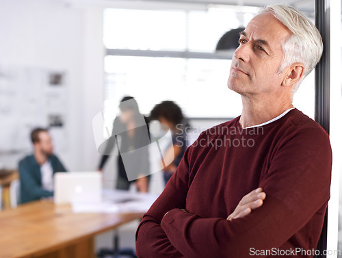 Image of Thinking, manager and male architect with team meeting, leader or ceo with colleagues. Boardroom, collaboration and design of building architecture for firm in office, planning and future goals