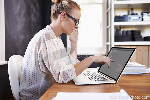 Image of Woman, laptop or phone call in business, project or checking feedback, review or communication. Businesswoman, computer or smartphone to talk, discuss or planning of company proposal in office