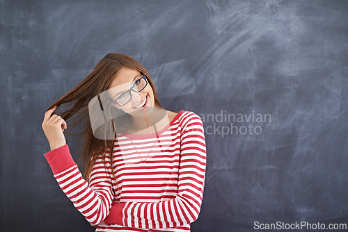 Image of Woman, teacher and confident in portrait by blackboard, education and proud of school curriculum. Female person, idea and professional in classroom, knowledge and planning for lesson in university