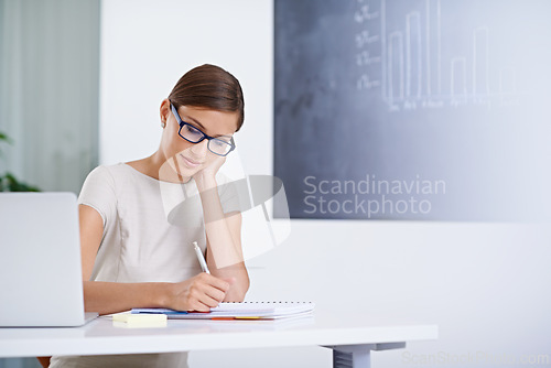 Image of Woman, teacher and writing notes by laptop, education and inspiration for school curriculum. Female person, ideas and internet for research in classroom, problem solving and journal for lesson plan