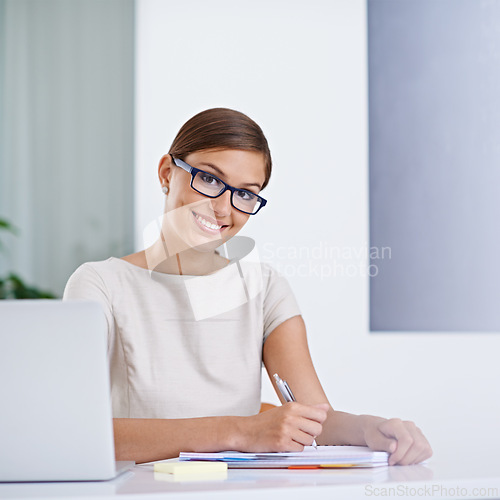 Image of Woman, teacher and laptop for notes in portrait, education and working on school curriculum. Female person, ideas and internet for research in classroom, problem solving and journal for lesson plan