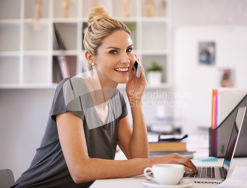 Image of Business woman, laptop and happy on phone call for office communication, planning and editing support on software. Portrait of writer, editor or advisor talking on mobile and typing of project advice