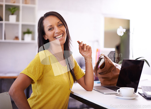 Image of Business, woman and happy portrait in office for creative career, company break and confidence at desk. Entrepreneur, employee and face of fashion designer with smile, pride and relax at workspace