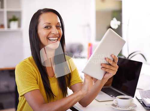 Image of Office, business and portrait of happy woman on tablet for website, networking and internet for startup career. Creative agency, laptop and person with digital tech for planning, research and online