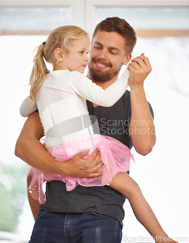 Image of Man, girl child and dancing with happiness at home, father and daughter time with love and trust. Single dad, family and bonding with rhythm and moving, playful and fun for support and relationship