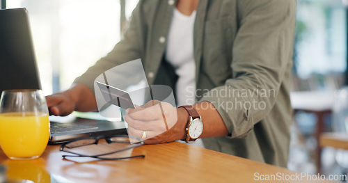 Image of Man, credit card and laptop at desk for successful online shopping, gambling or subscription at home. Male person, technology and hands gesture for ecommerce, booking or payment for traveling