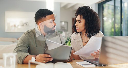 Image of Couple, laptop and paperwork or stress conversation for online agreement, mortgage or expenses. Man, woman and document or confused with finances for internet bills for house, explain or guidelines