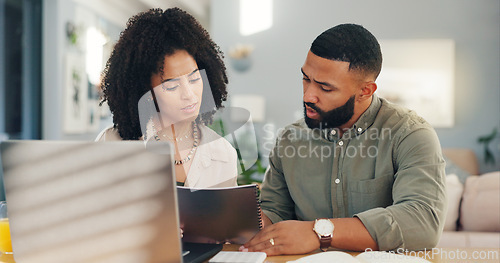 Image of Couple, laptop and paperwork or home insurance or conversation for online agreement, mortgage or expenses. Man, woman and document for payment finances on internet for house, network or guidelines