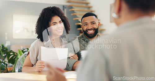 Image of Money, documents and couple in home with financial advisor for advice on portfolio investment or savings. Paper, finance or broker with man and woman in apartment for contract or insurance consulting