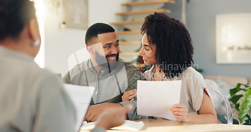 Image of Finance, documents and couple in home with broker for advice on portfolio investment or savings. Paper, money or financial advisor with man and woman in apartment for contract or insurance consulting